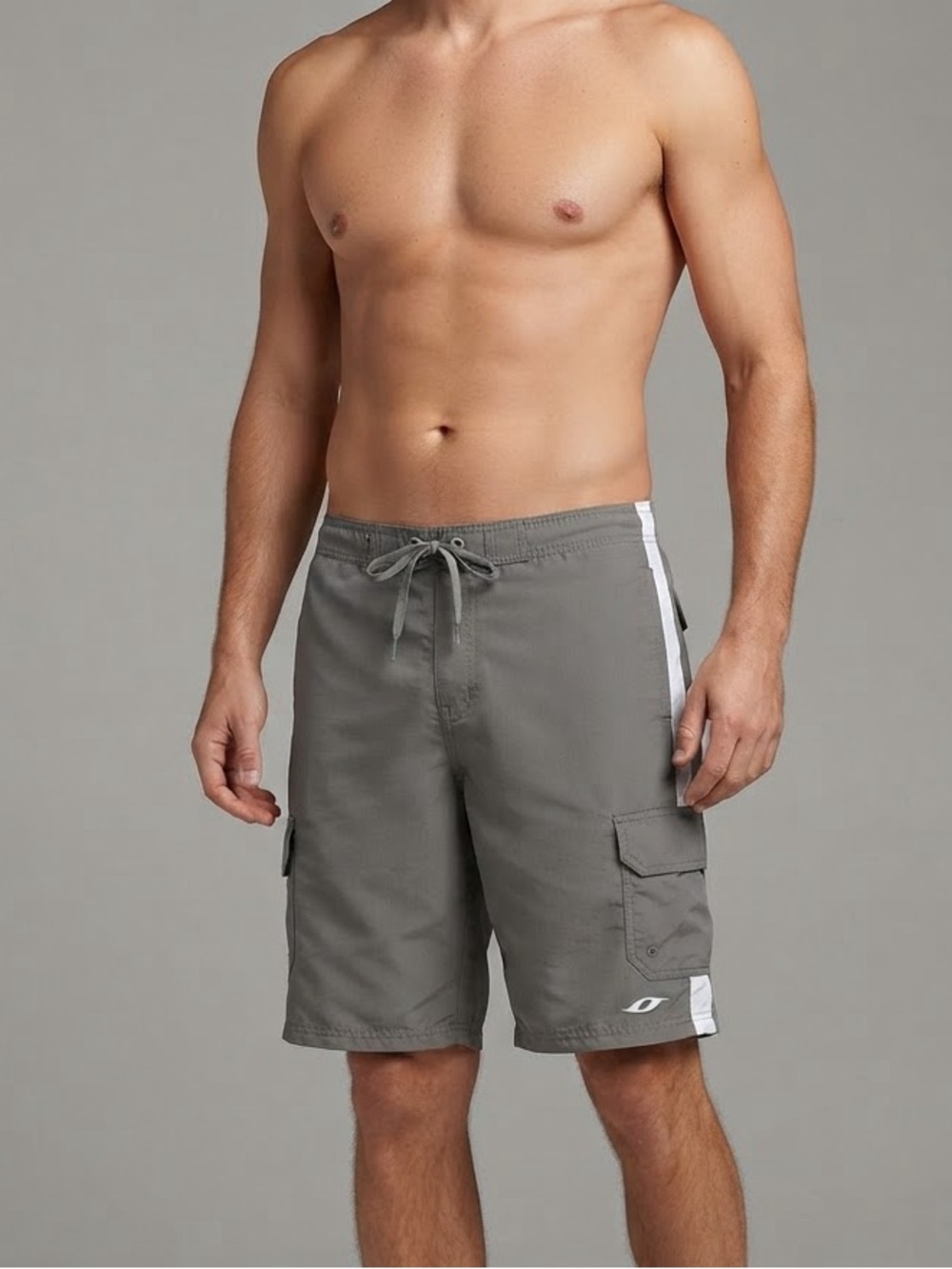 Oxide Men’s Gray Cargo Boardshorts / Swim Trunks with White Side Stripes.